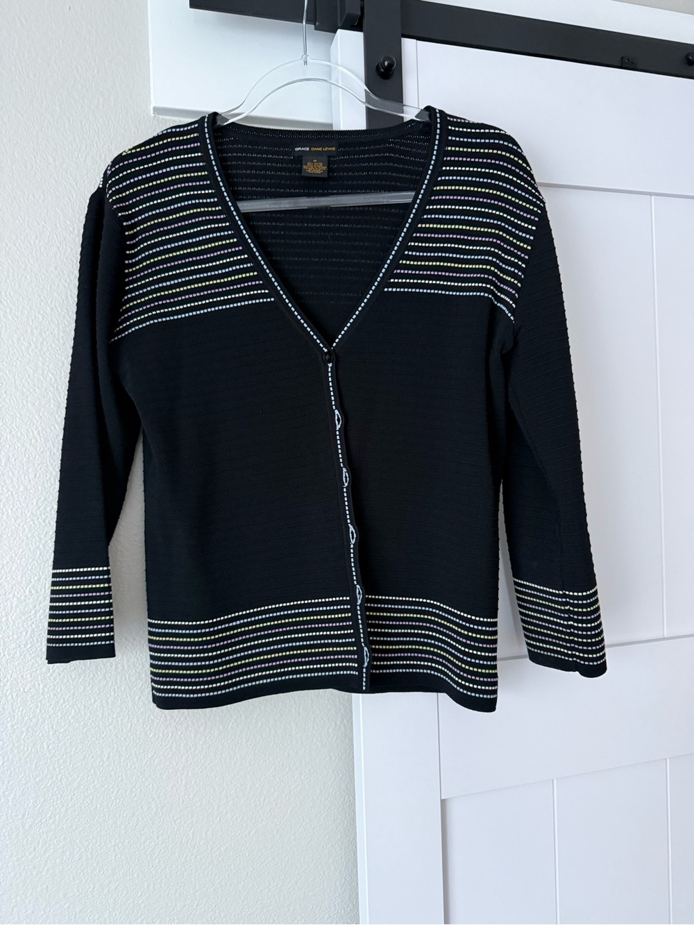 Classic Black V-Neck Button-Front Cardigan with Stripe Detail